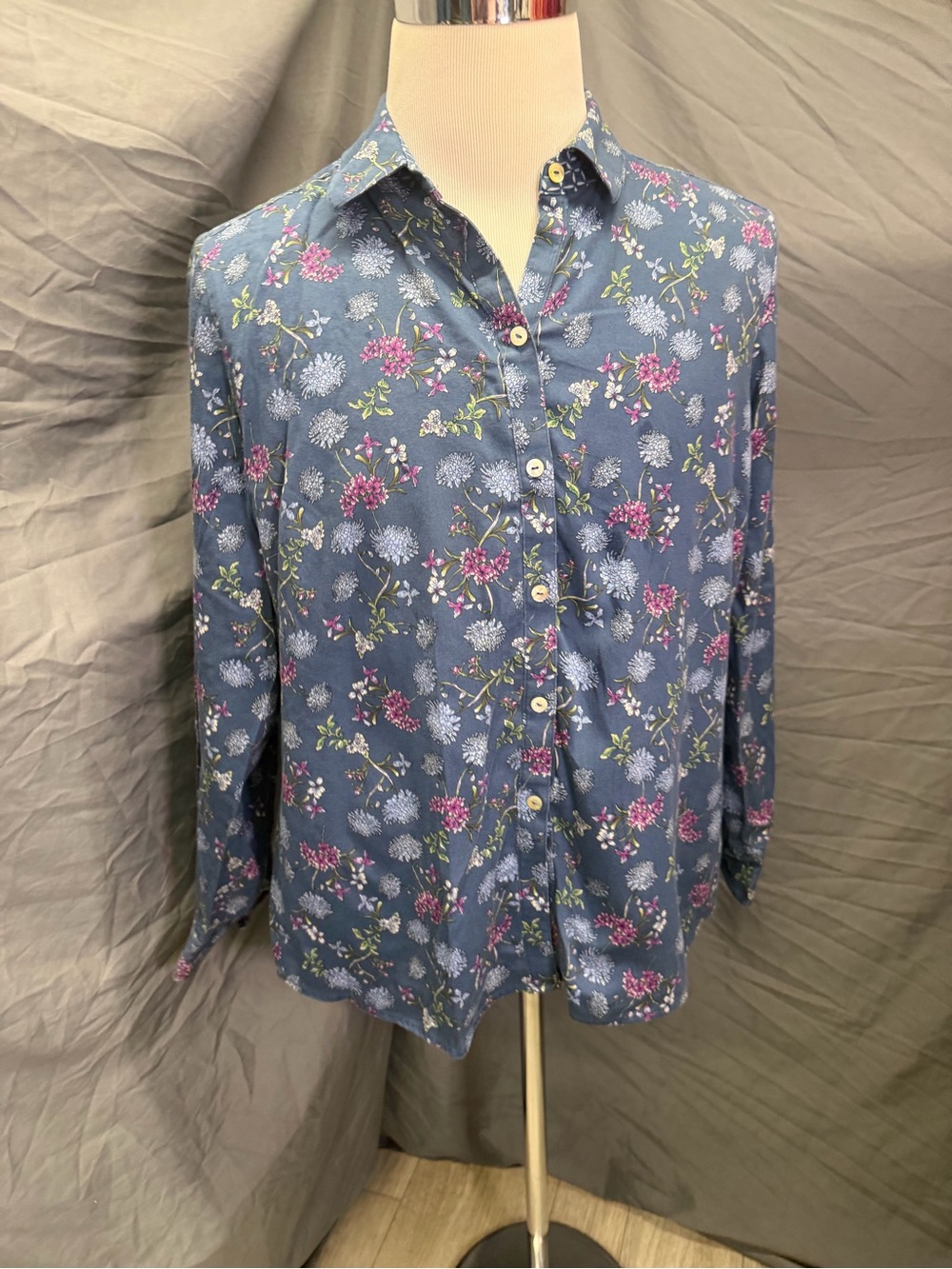 Foxcroft Blue Floral Button-Front Blouse with Pink Trim